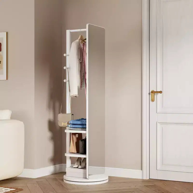 TUYOHW Modern Rotating Full Length Mirror with Functional Hook Coat Rack,Freestanding Floor Mirror for Bedroom,Dressing Room,White