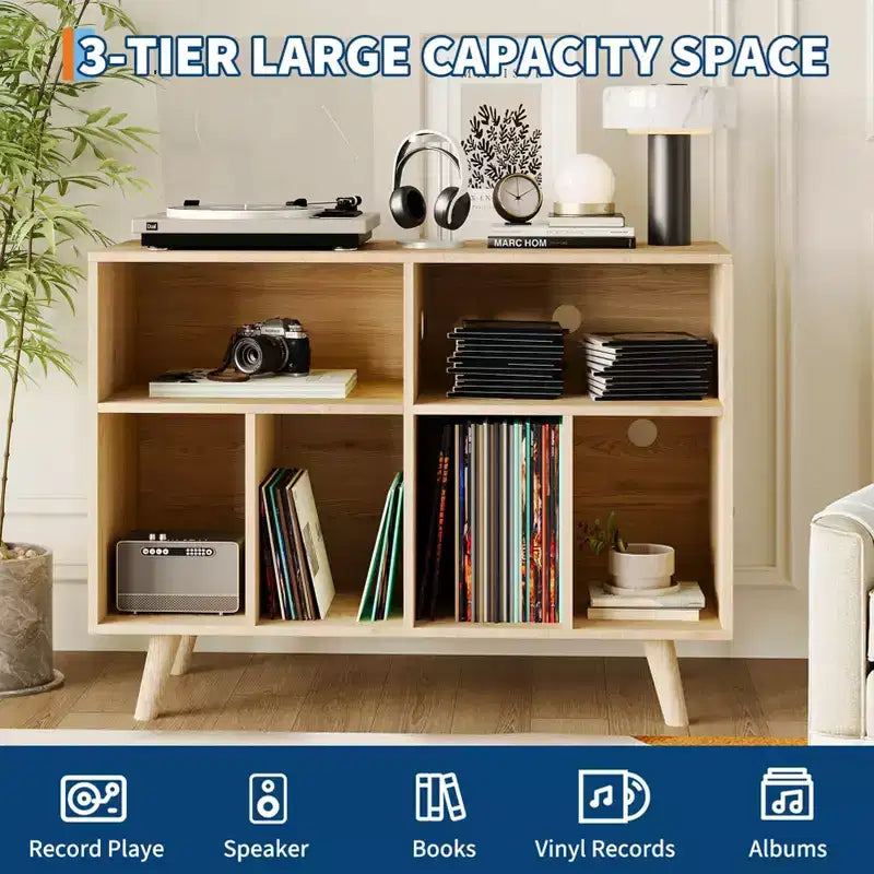 Mobile per giradischi con contenitore per dischi in vinile – Armadietto in legno a 7 ripiani, contiene fino a 350 album