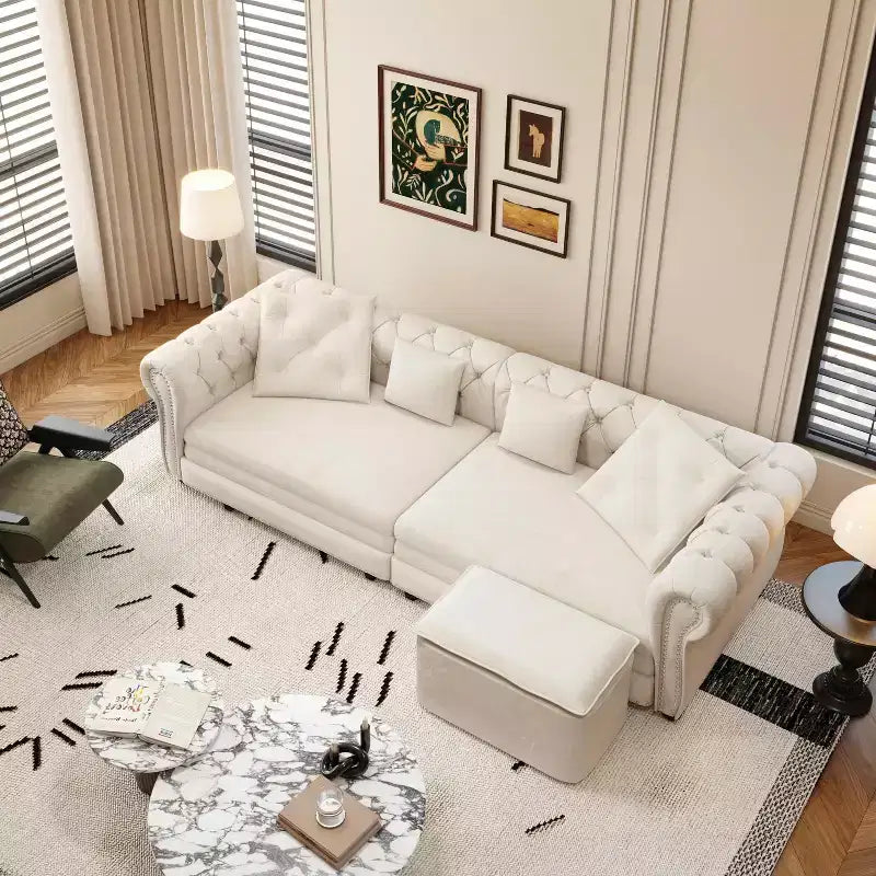 Divano Letto Convertibile 3-in-1 con Struttura Estraibile, Rivestimento in Velluto, Bianco