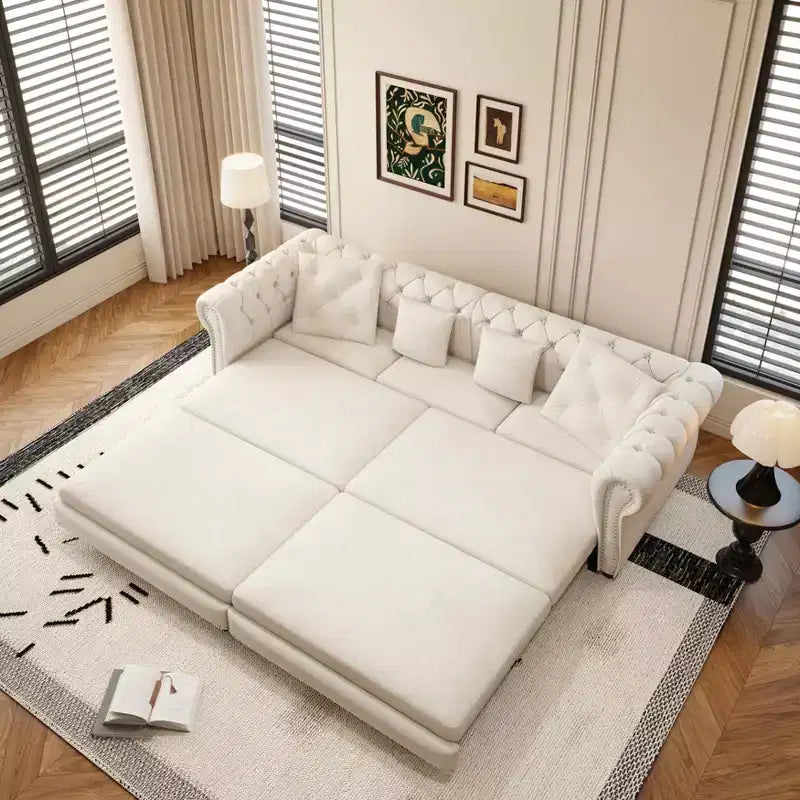 Divano Letto Convertibile 3-in-1 con Struttura Estraibile, Rivestimento in Velluto, Bianco