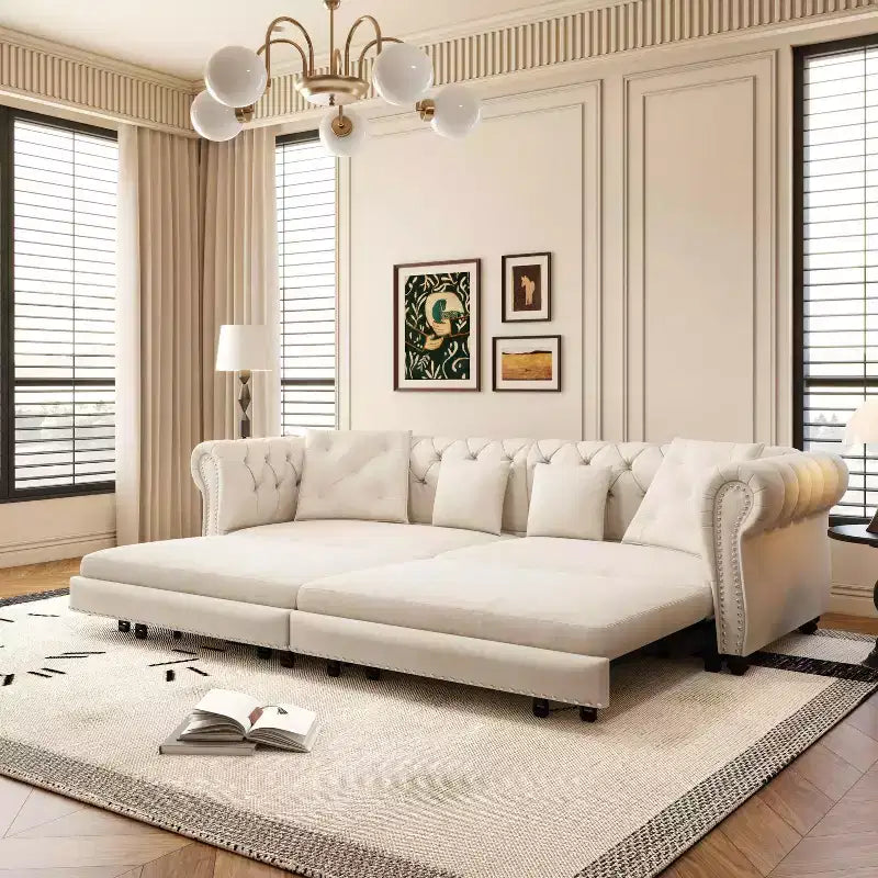 Divano Letto Convertibile 3-in-1 con Struttura Estraibile, Rivestimento in Velluto, Bianco