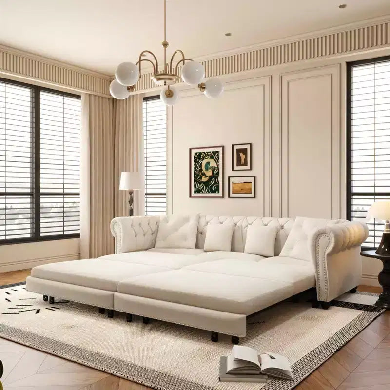 Divano Letto Convertibile 3-in-1 con Struttura Estraibile, Rivestimento in Velluto, Bianco