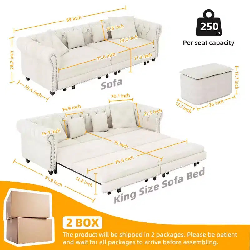 Divano Letto Convertibile 3-in-1 con Struttura Estraibile, Rivestimento in Velluto, Bianco