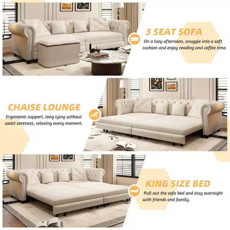 Divano Letto Convertibile 3-in-1 con Struttura Estraibile, Rivestimento in Velluto, Bianco