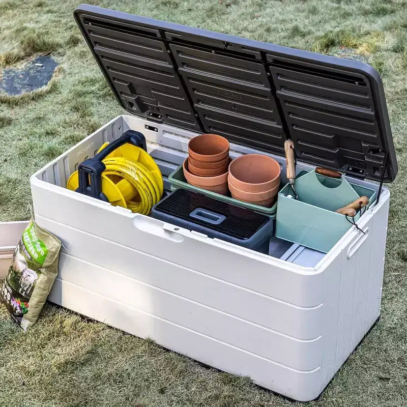 Baule da esterno da 276 litri in resina con coperchio lucchettabile - Contenitore per cuscini, attrezzi da giardino e accessori per piscina