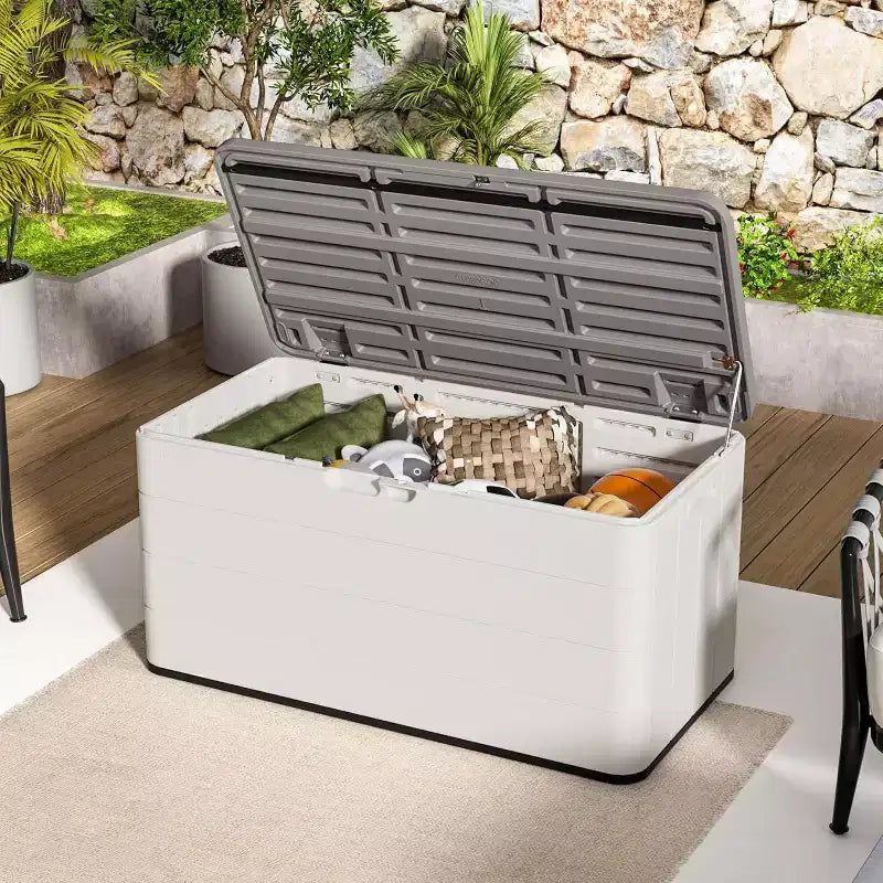 Baule da esterno da 276 litri in resina con coperchio lucchettabile - Contenitore per cuscini, attrezzi da giardino e accessori per piscina