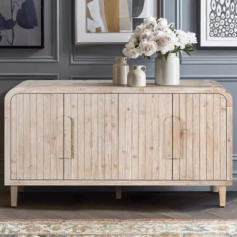 Clihome 59 Farmhouse Curved Vintage Storage Sideboard with Large Wooden Handles, Vertical Wood Grain Carving and Adjustable Shelves for Kitchen