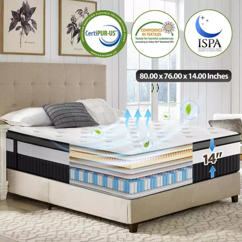 14 King Size Mattress, Memory Foam Mattress, Hybrid Gel-Infused Cooling Mattress,Medium-Firm Bed in a Box for Pressure Relief & Motion Isolation