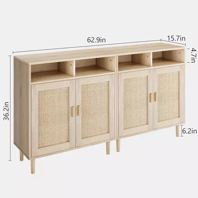 Credenza a buffet in rattan con 4 ante e ripiano aperto, set da 2