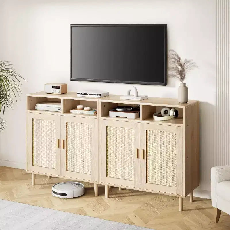 Credenza a buffet in rattan con 4 ante e ripiano aperto, set da 2