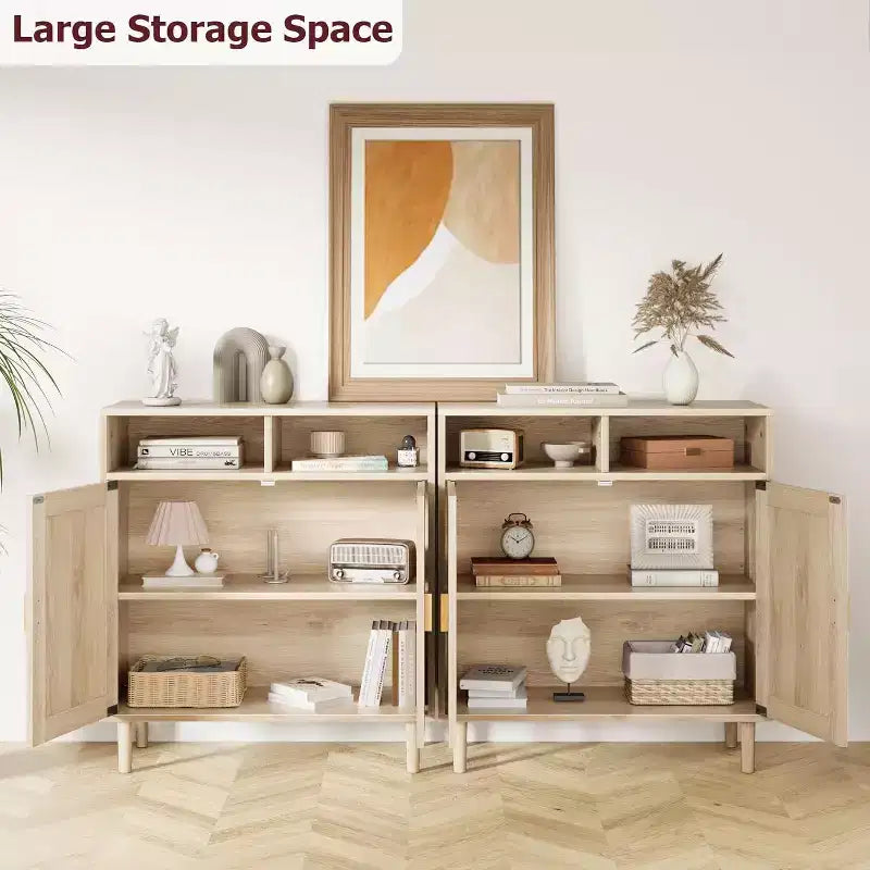 Credenza a buffet in rattan con 4 ante e ripiano aperto, set da 2