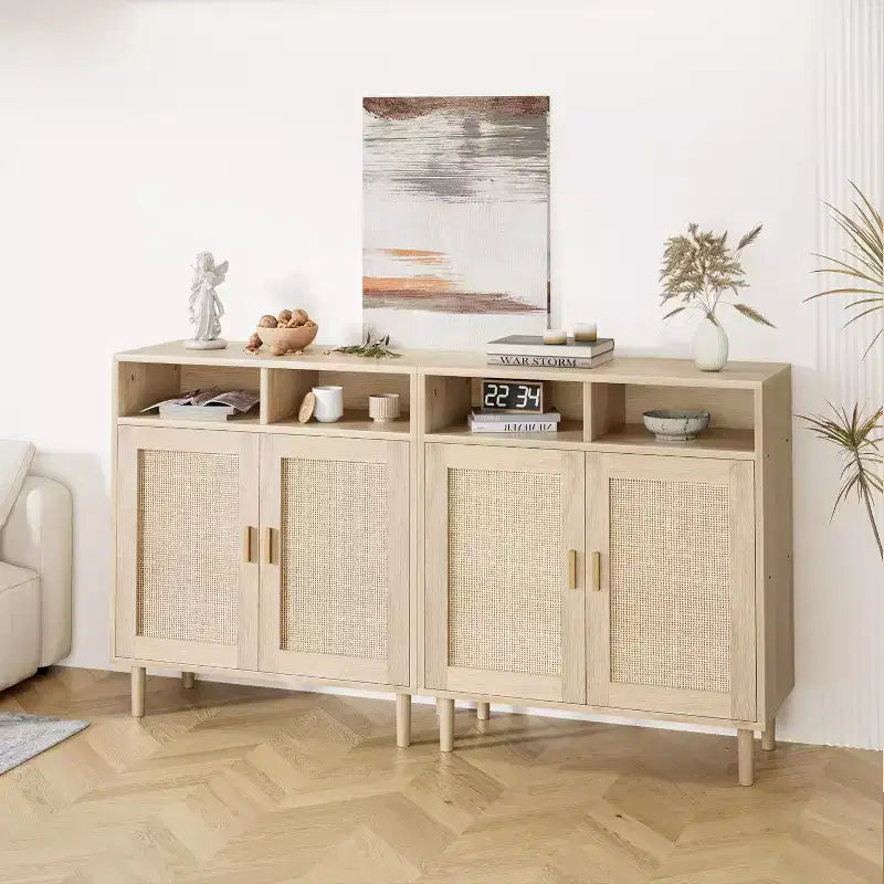 Credenza a buffet in rattan con 4 ante e ripiano aperto, set da 2