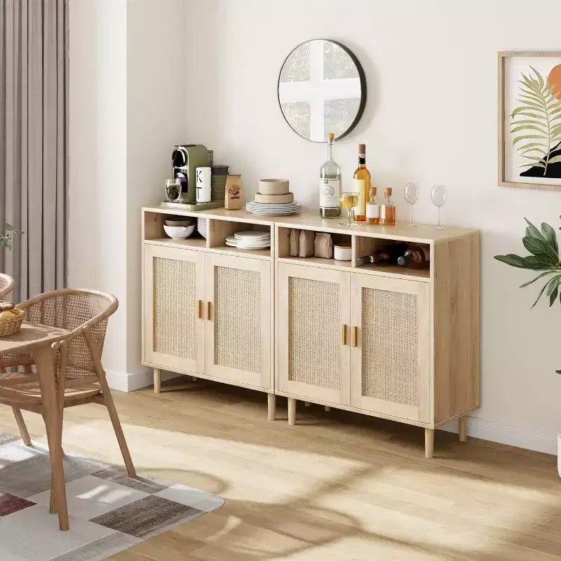 Credenza a buffet in rattan con 4 ante e ripiano aperto, set da 2