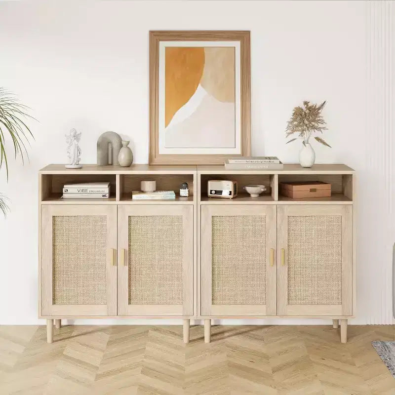 Credenza a buffet in rattan con 4 ante e ripiano aperto, set da 2