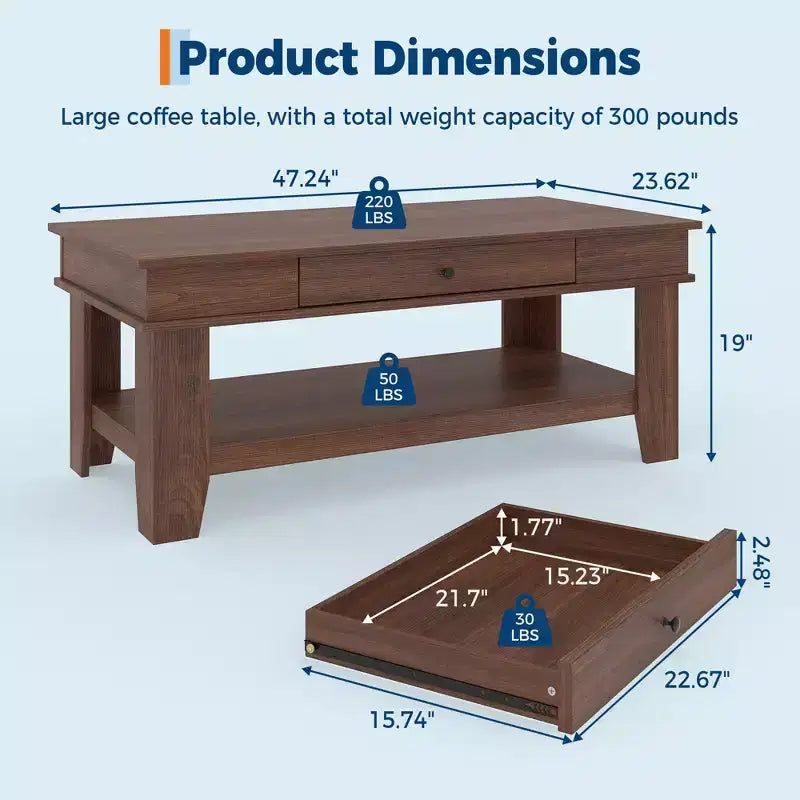 Tavolino da Caffè Rustico con Cassetto e Ripiano Contenitore, 120 cm di Larghezza, 136 kg di Capacità