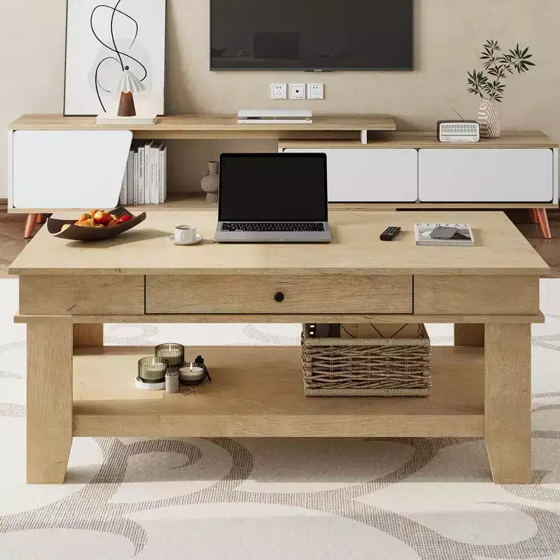Tavolino da Caffè Rustico con Cassetto e Ripiano Contenitore, 120 cm di Larghezza, 136 kg di Capacità