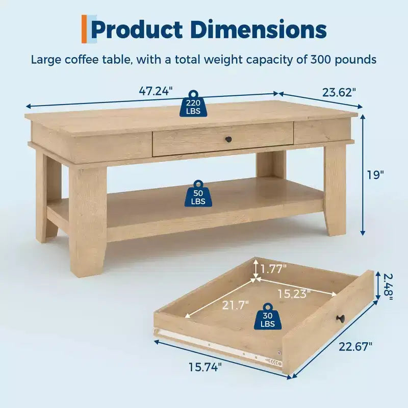Tavolino da Caffè Rustico con Cassetto e Ripiano Contenitore, 120 cm di Larghezza, 136 kg di Capacità