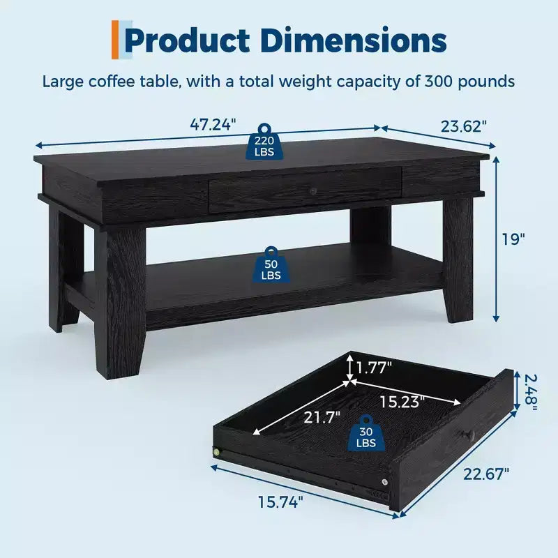Tavolino da Caffè Rustico con Cassetto e Ripiano Contenitore, 120 cm di Larghezza, 136 kg di Capacità