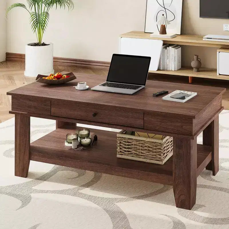 Tavolino da Caffè Rustico con Cassetto e Ripiano Contenitore, 120 cm di Larghezza, 136 kg di Capacità