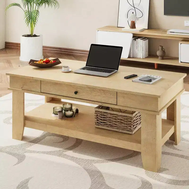 Tavolino da Caffè Rustico con Cassetto e Ripiano Contenitore, 120 cm di Larghezza, 136 kg di Capacità