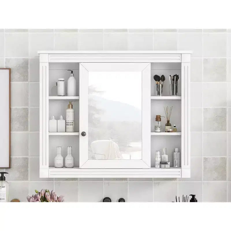 Specchio-Armadietto da Parete 35 x 28 Pollici con 6 Ripiani Aperti - Mobiletto a Specchio da Bagno