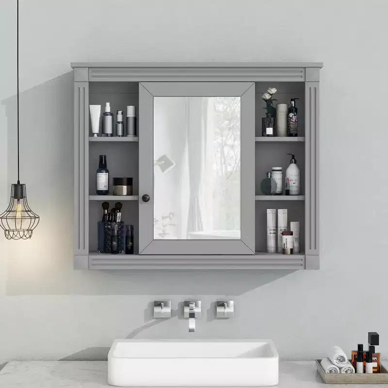 Specchio-Armadietto da Parete 35 x 28 Pollici con 6 Ripiani Aperti - Mobiletto a Specchio da Bagno
