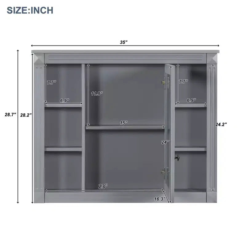 Specchio-Armadietto da Parete 35 x 28 Pollici con 6 Ripiani Aperti - Mobiletto a Specchio da Bagno