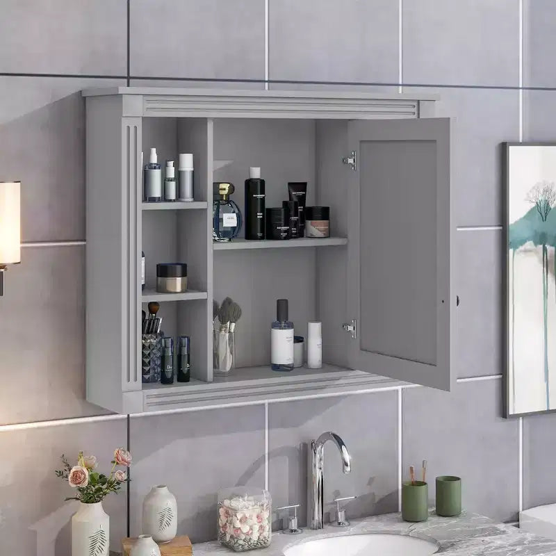 Specchio-Armadietto da Parete 35 x 28 Pollici con 6 Ripiani Aperti - Mobiletto a Specchio da Bagno