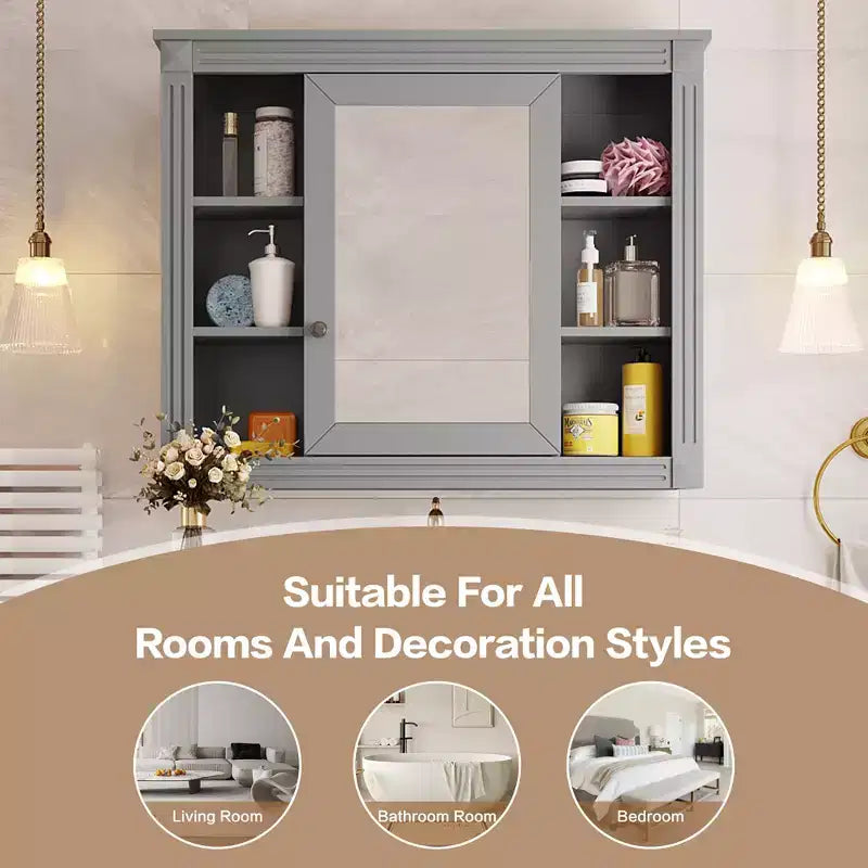 Specchio-Armadietto da Parete 35 x 28 Pollici con 6 Ripiani Aperti - Mobiletto a Specchio da Bagno