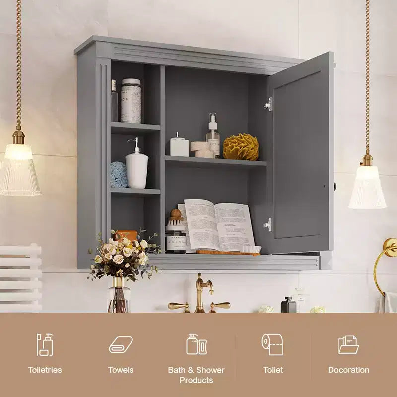 Specchio-Armadietto da Parete 35 x 28 Pollici con 6 Ripiani Aperti - Mobiletto a Specchio da Bagno