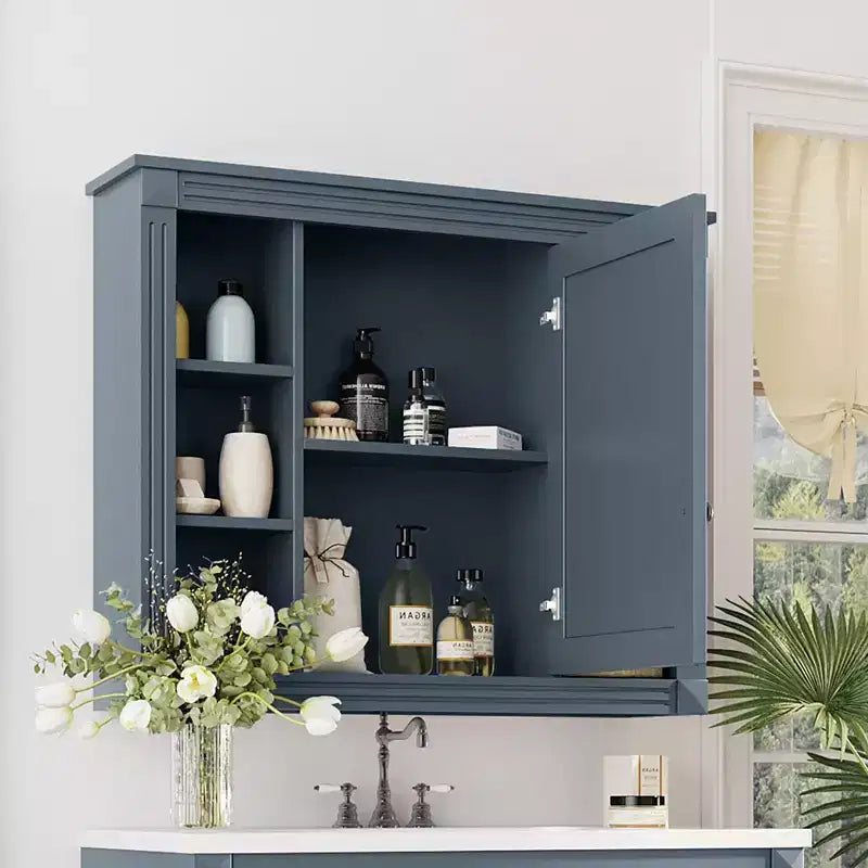 Specchio-Armadietto da Parete 35 x 28 Pollici con 6 Ripiani Aperti - Mobiletto a Specchio da Bagno