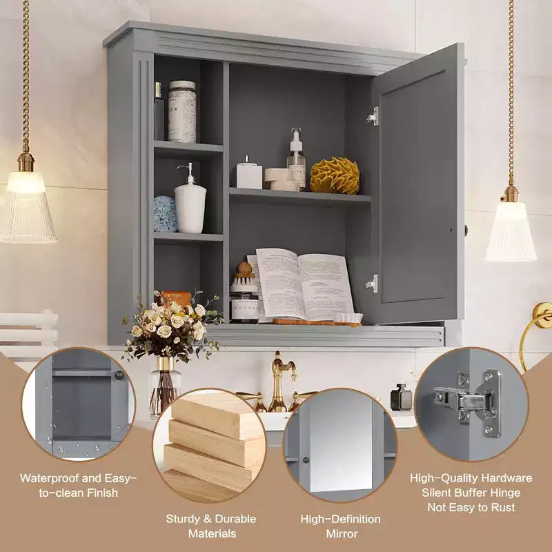 Specchio-Armadietto da Parete 35 x 28 Pollici con 6 Ripiani Aperti - Mobiletto a Specchio da Bagno