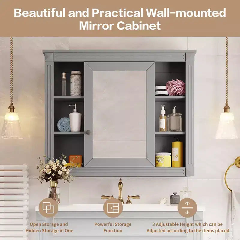 Specchio-Armadietto da Parete 35 x 28 Pollici con 6 Ripiani Aperti - Mobiletto a Specchio da Bagno