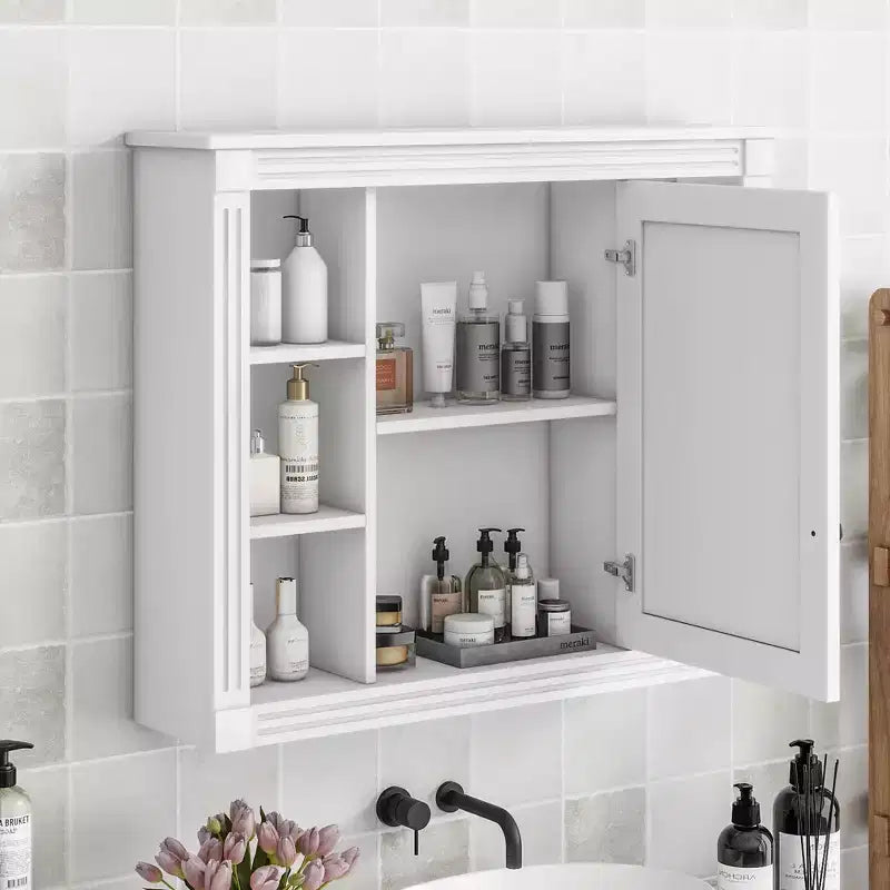 Specchio-Armadietto da Parete 35 x 28 Pollici con 6 Ripiani Aperti - Mobiletto a Specchio da Bagno