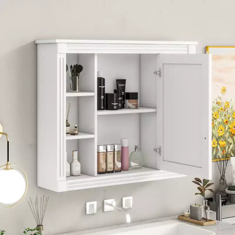 Specchio-Armadietto da Parete 35 x 28 Pollici con 6 Ripiani Aperti - Mobiletto a Specchio da Bagno