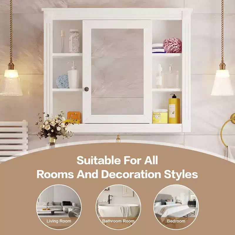 Specchio-Armadietto da Parete 35 x 28 Pollici con 6 Ripiani Aperti - Mobiletto a Specchio da Bagno