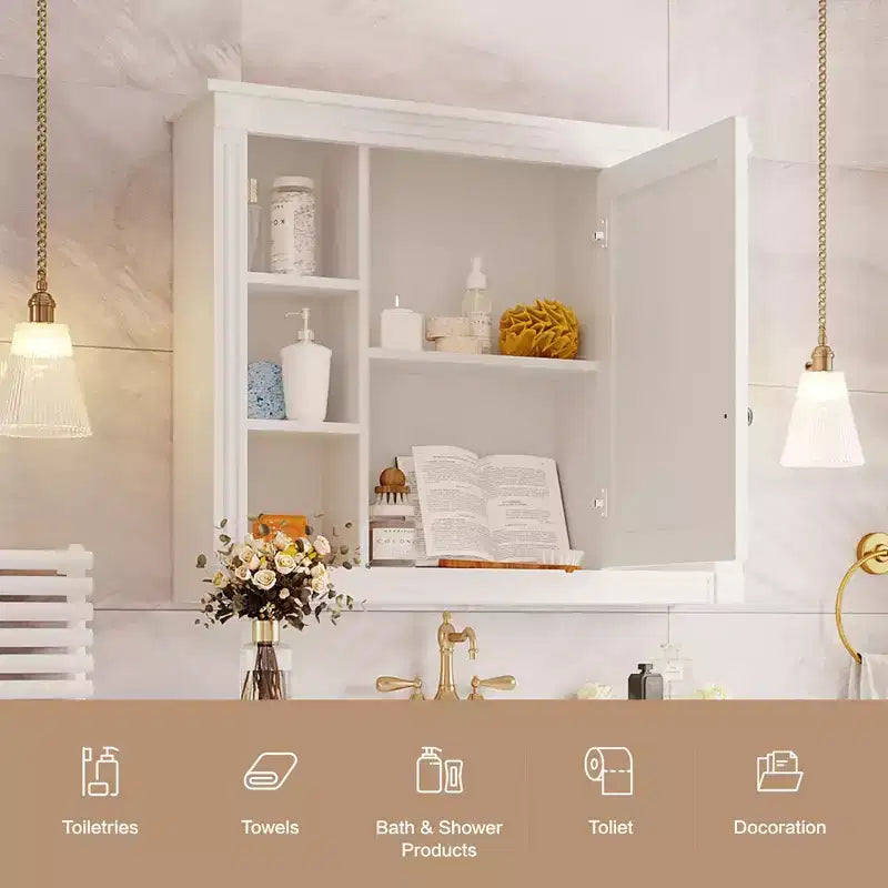 Specchio-Armadietto da Parete 35 x 28 Pollici con 6 Ripiani Aperti - Mobiletto a Specchio da Bagno