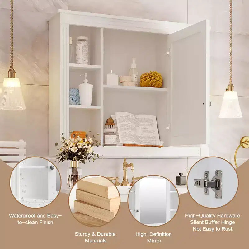 Specchio-Armadietto da Parete 35 x 28 Pollici con 6 Ripiani Aperti - Mobiletto a Specchio da Bagno