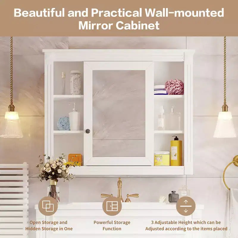 Specchio-Armadietto da Parete 35 x 28 Pollici con 6 Ripiani Aperti - Mobiletto a Specchio da Bagno