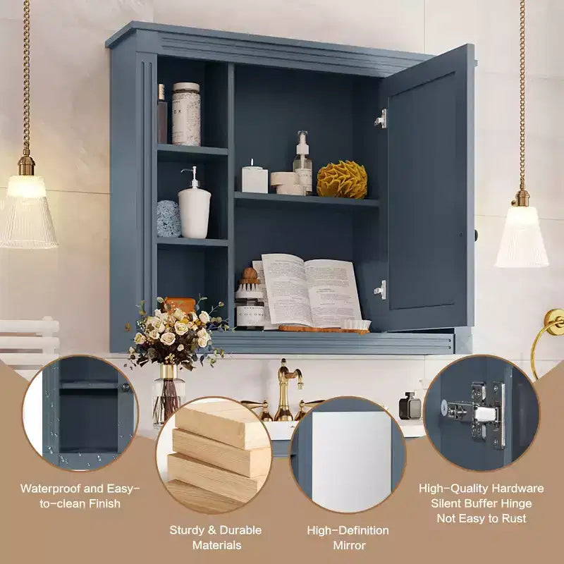 Specchio-Armadietto da Parete 35 x 28 Pollici con 6 Ripiani Aperti - Mobiletto a Specchio da Bagno