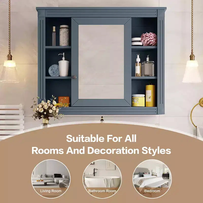 Specchio-Armadietto da Parete 35 x 28 Pollici con 6 Ripiani Aperti - Mobiletto a Specchio da Bagno