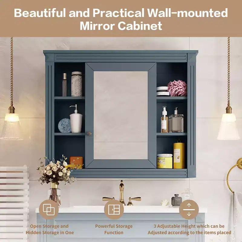 Specchio-Armadietto da Parete 35 x 28 Pollici con 6 Ripiani Aperti - Mobiletto a Specchio da Bagno