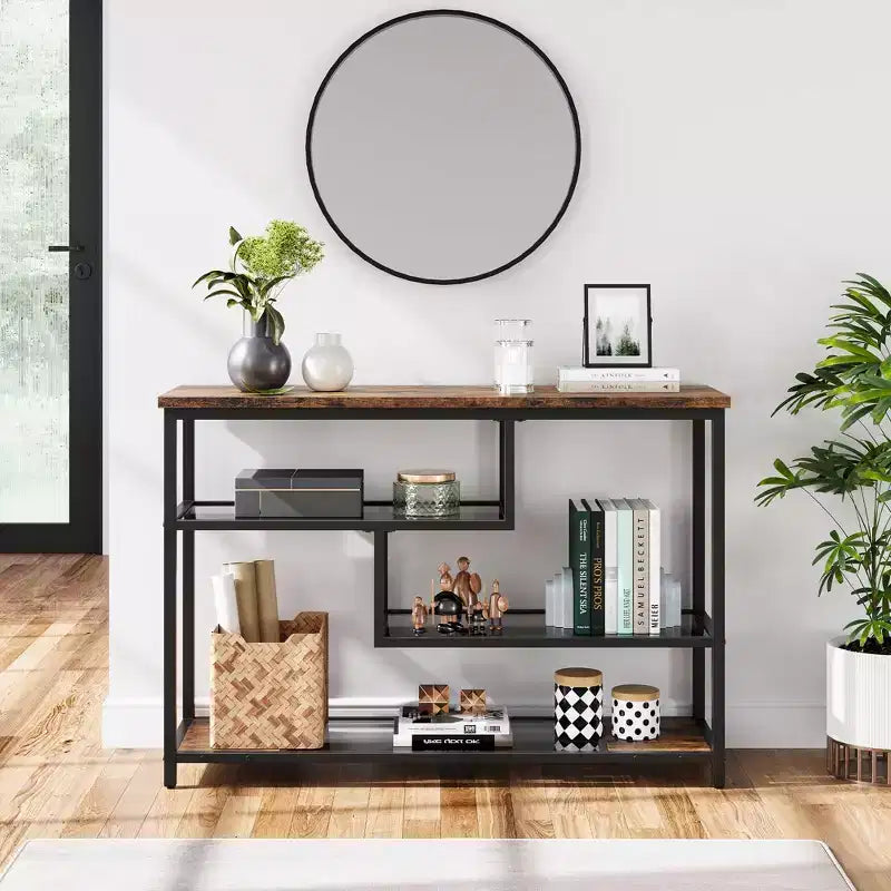 COZONY 39.4 Rustic Brown Console Table with Charging Station, Narrow Sofa Table with Outlets and USB Ports