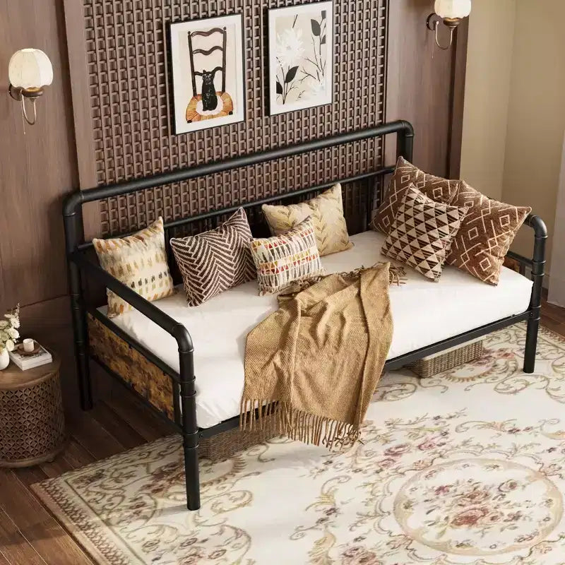 Twin Daybed with Classic Headboard, Heavy Duty Metal Bed Frame, with Steel Slats Support, Sofa Bed, Noise Free, No Box Spring Needed, Black