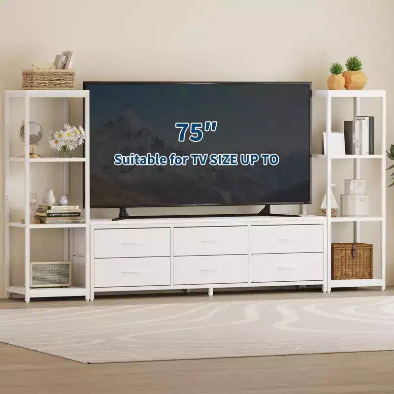 Mobile Porta TV per Televisore da 75 Pollici con Luci LED, Prese di Corrente, 6 Cassetti e Scaffali