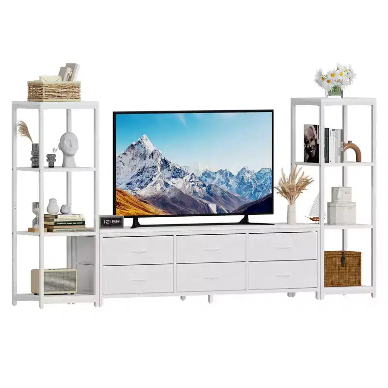 Mobile Porta TV per Televisore da 75 Pollici con Luci LED, Prese di Corrente, 6 Cassetti e Scaffali