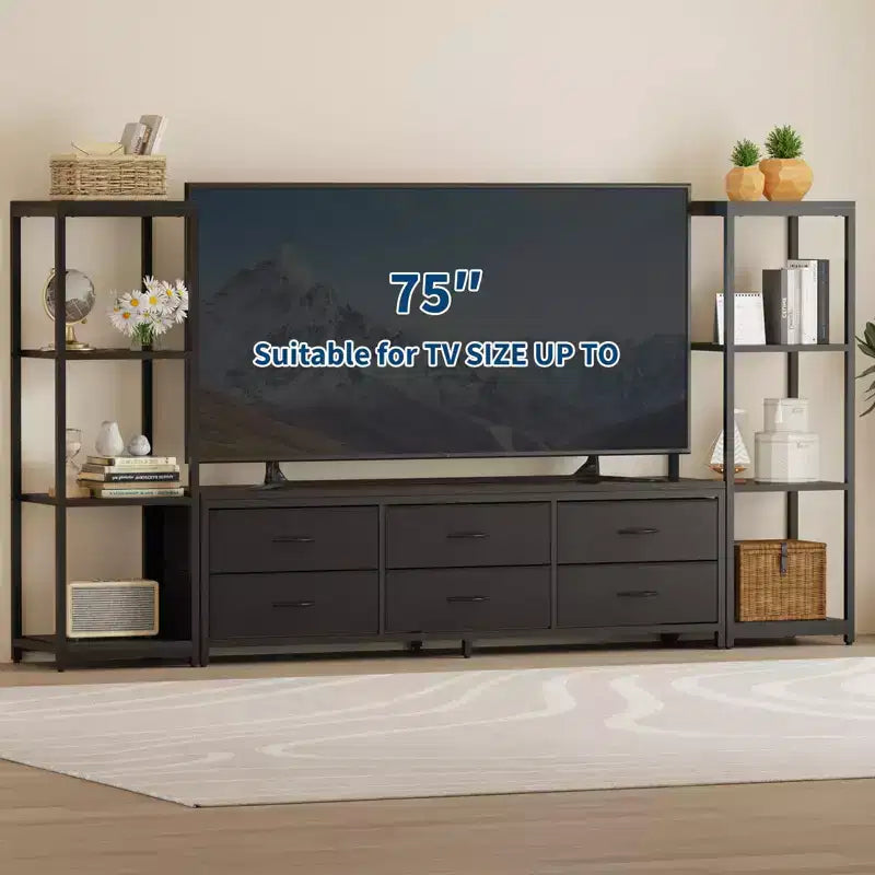Mobile Porta TV per Televisore da 75 Pollici con Luci LED, Prese di Corrente, 6 Cassetti e Scaffali