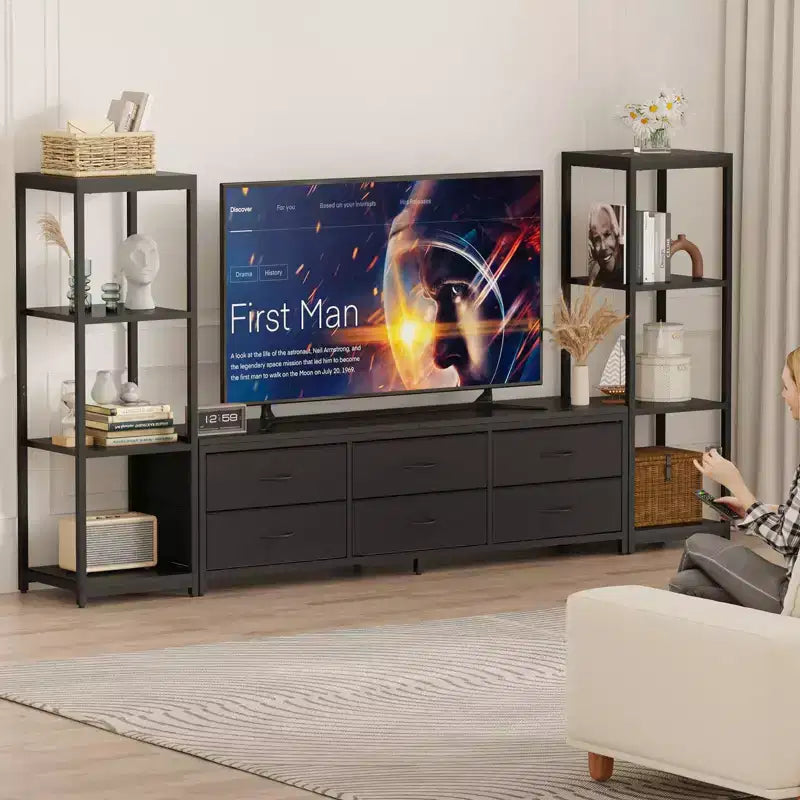 Mobile Porta TV per Televisore da 75 Pollici con Luci LED, Prese di Corrente, 6 Cassetti e Scaffali