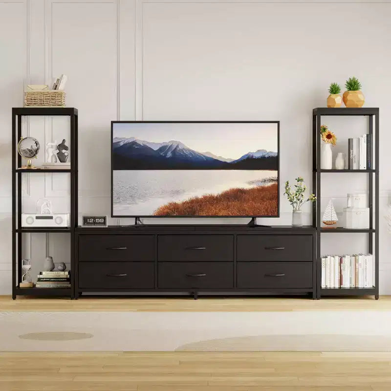 COZONY TV Stand for 75 Inch TV, Entertainment Center with LED Lights & Power Outlets, 6 Drawers & Bookshelves