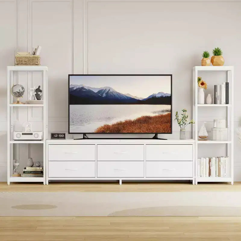 Mobile Porta TV per Televisore da 75 Pollici con Luci LED, Prese di Corrente, 6 Cassetti e Scaffali